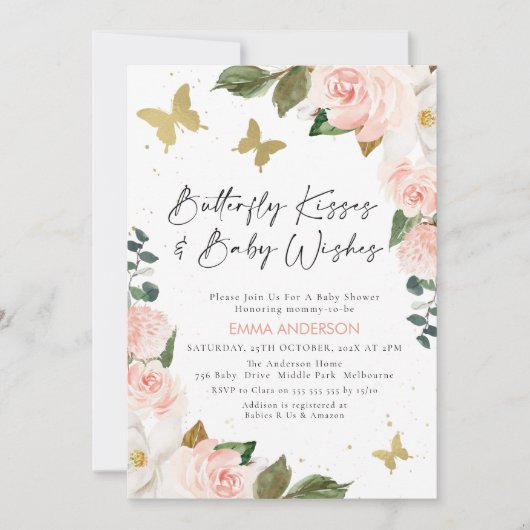 Boho Pink Floral Butterfly Kisses Baby shower Kaart (Voorkant)