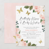 Boho Pink Floral Butterfly Kisses Baby shower Kaart (Voorkant / Achterkant)