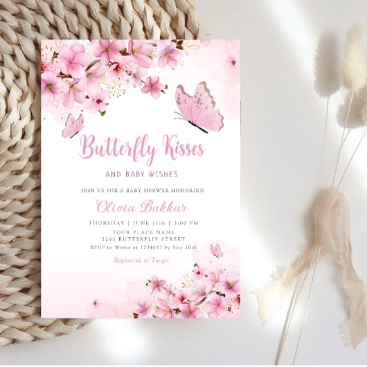 Boho Pink Floral Butterfly Kisses Girl Baby shower Kaart