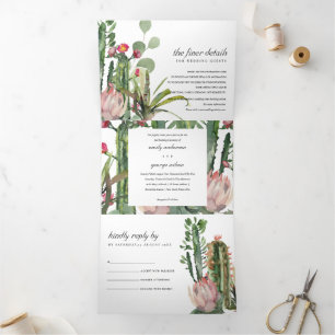 BOHO PINK FLORAL CACTI FOLIAGE WATERVERF WEDING DRIELUIK UITNODIGING