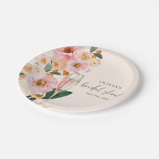 Boho Pink Floral Champagne Vrijgezellenfeest Papieren Bordje (Gekanteld)