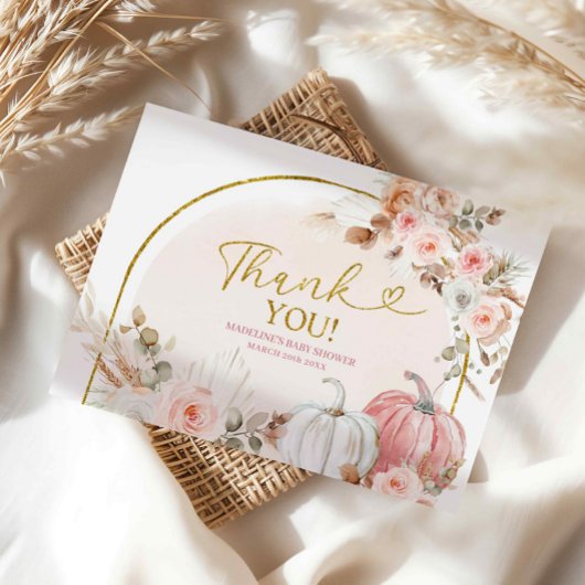 Boho Pink Floral Citrouille Carte de remerciements