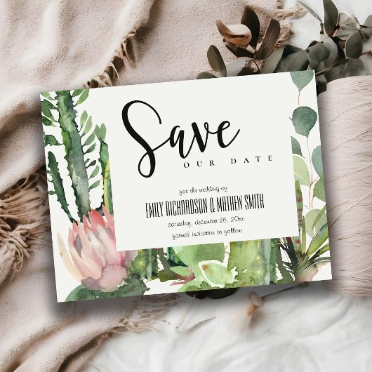 BOHO PINK FLORAL DESERT CACTI FAUNA BEWAART DE DAT AANKONDIGINGSKAART