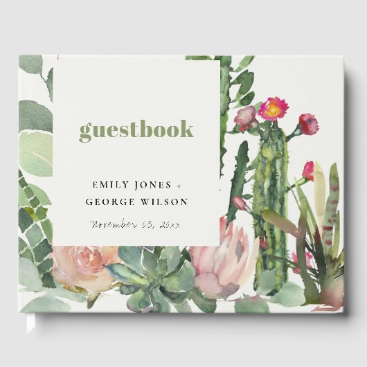BOHO PINK FLORAL DESERT CACTI FOLIAGE WATERVERF GASTENBOEK (Voorkant)
