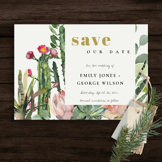 BOHO PINK FLORAL DESERT CACTI FOLIAGE WATERVERF SAVE THE DATE