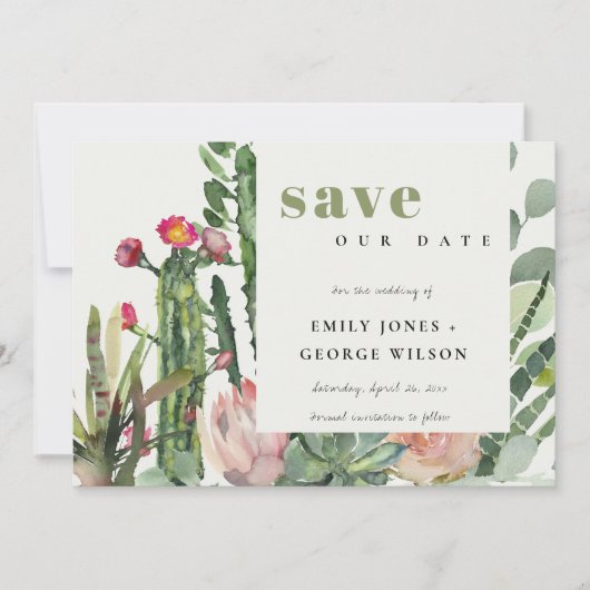 BOHO PINK FLORAL DESERT CACTI FOLIAGE WATERVERF SAVE THE DATE (Voorkant)