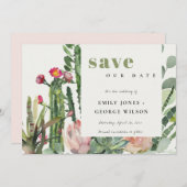 BOHO PINK FLORAL DESERT CACTI FOLIAGE WATERVERF SAVE THE DATE (Voorkant / Achterkant)