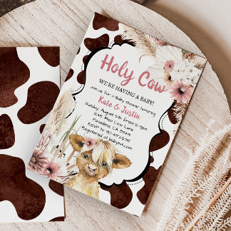 Boho Pink Floral Highland Koe Baby shower Kaart