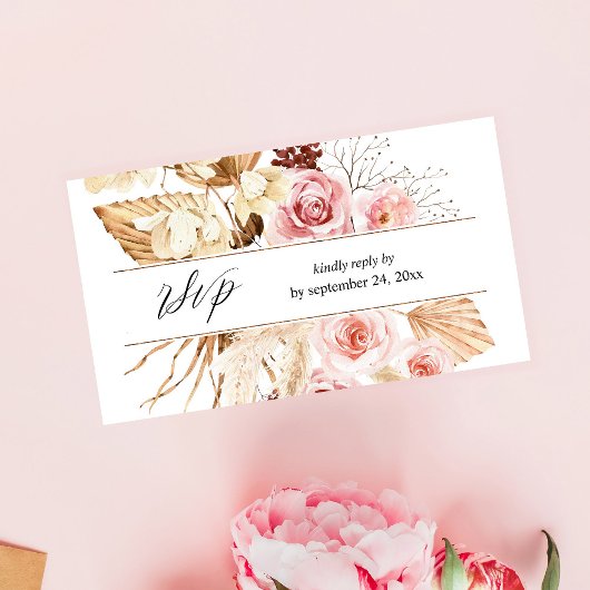 Boho Pink Floral & Pampas Grass 2SM Meal RSVP Informatiekaartje