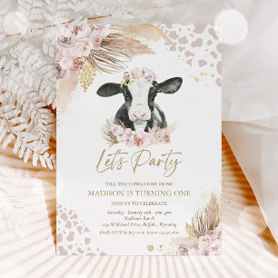 Boho Pink Floral Pampas Grass Koe Birthday Party Kaart