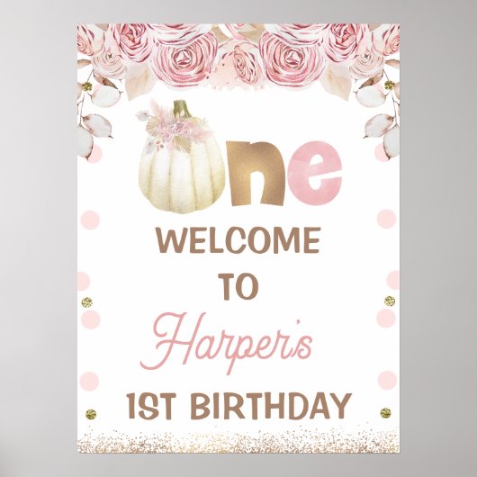 Boho Pink Floral Pumpkin 1e verjaardag Poster (Voorkant)
