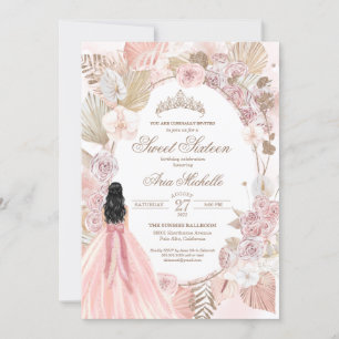 Boho Pink Floral Sweet Sixteen, 16e verjaardag Inv Kaart