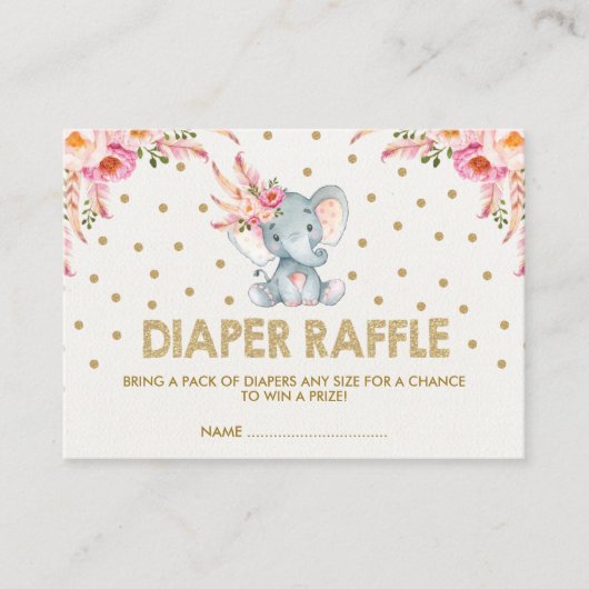 Boho Pink Flowers Elephant Luier Raffle Ticket Informatiekaartje (Voorkant)
