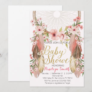 Boho Pink Gold Dreamcatcher Baby shower Uitnodigin Kaart