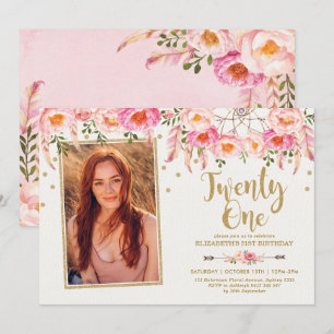 Boho Pink Gold Floral Dreamcatcher 21ste Verjaarda Kaart
