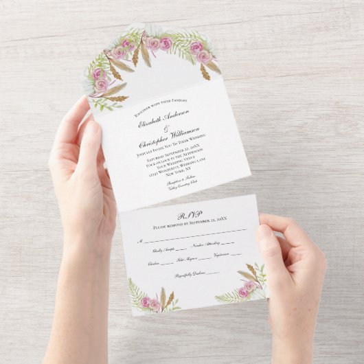 Boho Pink Green Botanical Floral Wedding All In One Uitnodiging (Afscheurbaar)