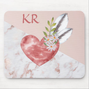 Boho Pink Heart Feathers Daisy Marble Pattern Muismat
