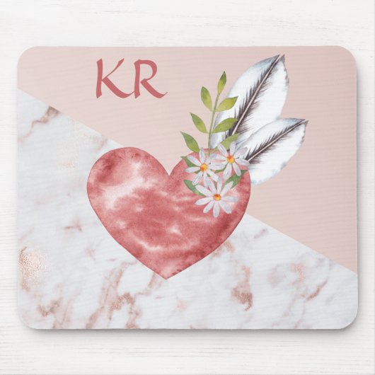 Boho Pink Heart Feathers Daisy Marble Pattern Muismat (Voorkant)