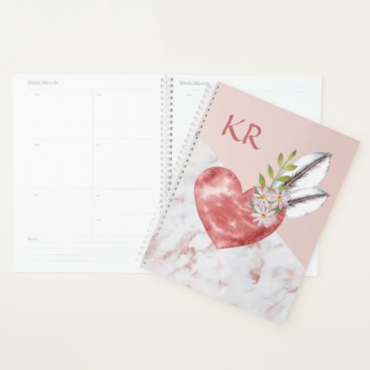 Boho Pink Heart Feathers Daisy Marble Pattern Planner (Display)