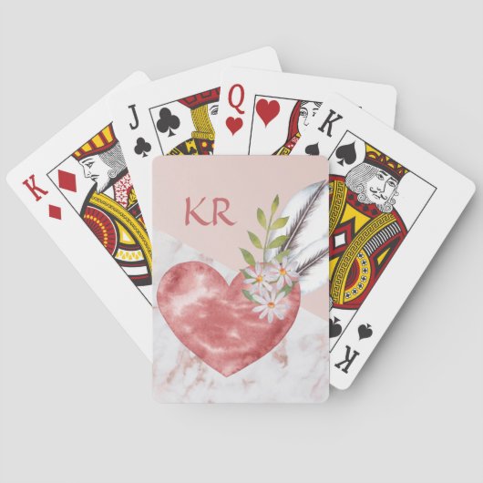 Boho Pink Heart Feathers Daisy Marble Pattern Pokerkaarten (Achterkant)