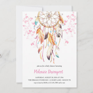Boho Pink Heart Pink Drocatcher Girl Baby shower Kaart