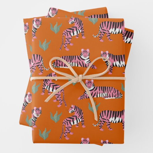 Boho Pink Orange Jungle Tiger Animal Pattern Inpakpapier Vel (In situ)