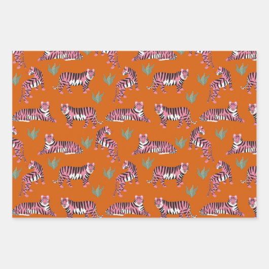 Boho Pink Orange Jungle Tiger Animal Pattern Inpakpapier Vel (Voorkant)