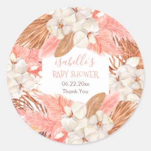 Boho Pink Pampas Grass Orchid Blooms Baby shower Ronde Sticker