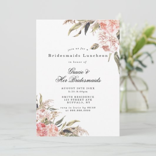 Boho Pink Peony Bridesmaids Invitations de déjeune (Debout devant)