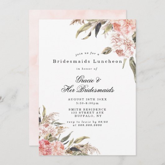 Boho Pink Peony Bridesmaids Luncheon Invites (Voorkant / Achterkant)