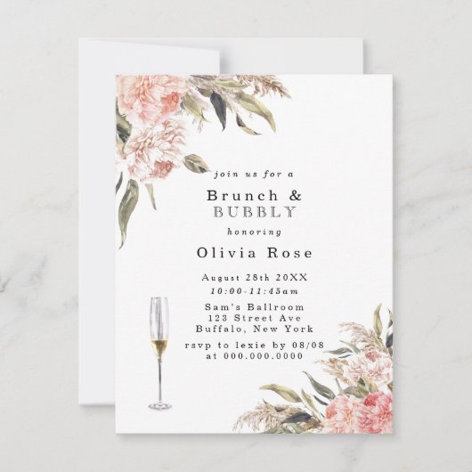 Boho Pink Peony Brunch & Bubbly Invitation (Devant)