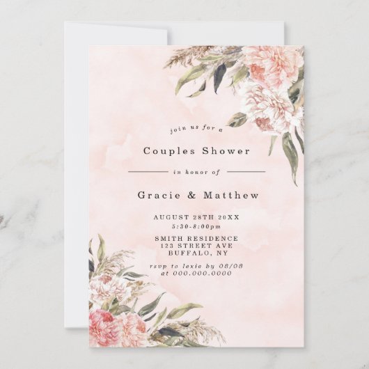 Boho Pink Peony Couples Invitations De Douche (Devant)