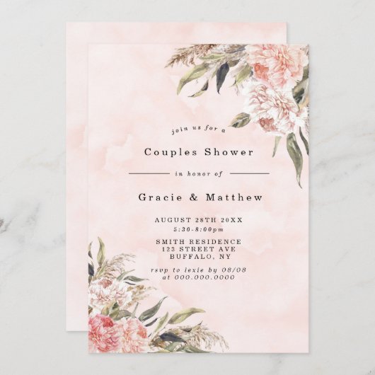 Boho Pink Peony Couples Shower Invitations (Voorkant / Achterkant)