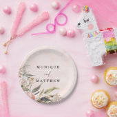 Boho Pink Peony Pampas Grass Wedding Papieren Bordje (Feest)