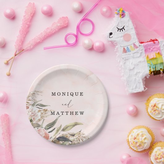 Boho Pink Peony Pampas Grass Wedding Papieren Bordje (Feest)