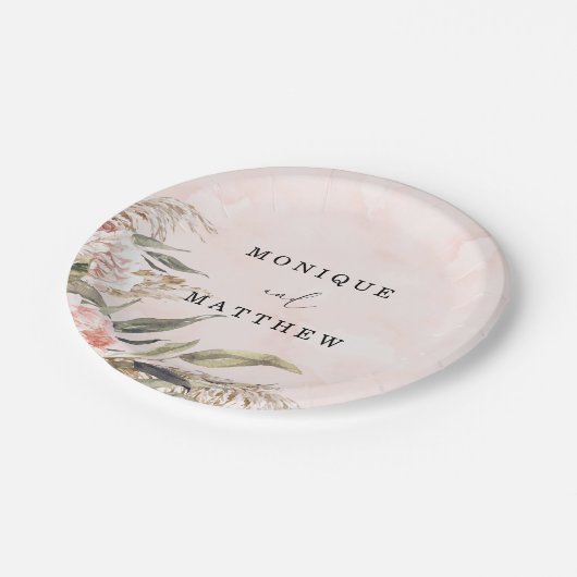 Boho Pink Peony Pampas Grass Wedding Papieren Bordje (Gekanteld)