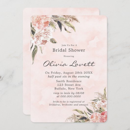 Boho Pink Peony Pampas Invitations de douche nupti (Devant / Derrière)
