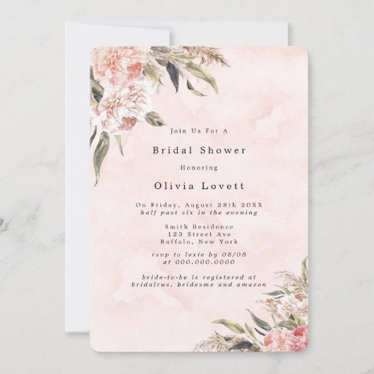 Boho Pink Peony Pampas Invitations de douche nupti (Devant)