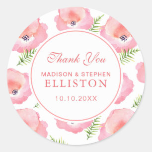 Boho Pink Rose Bloemen Waterverf Dank u Ronde Sticker