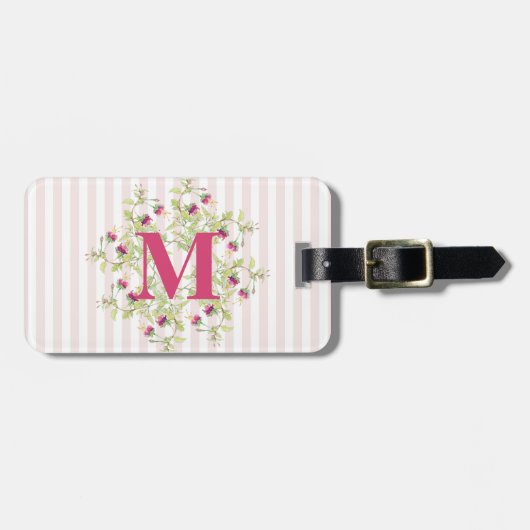 Boho Pink Rose Flowers Monogram Bagagelabel (Voorkant horizontaal)