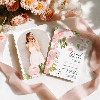 Boho Pink Watercolor Floral Photo Graduation Party Kaart