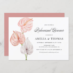 Boho Pink Waterverf Anthuriums Rehearsal Dinner Kaart