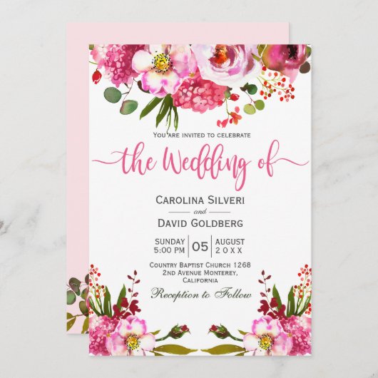 Boho Pink Waterverf Floral Typography Wedding Kaart (Voorkant / Achterkant)