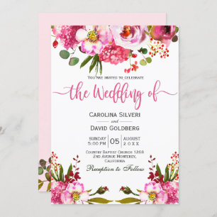 Boho Pink Waterverf Floral Typography Wedding Kaart