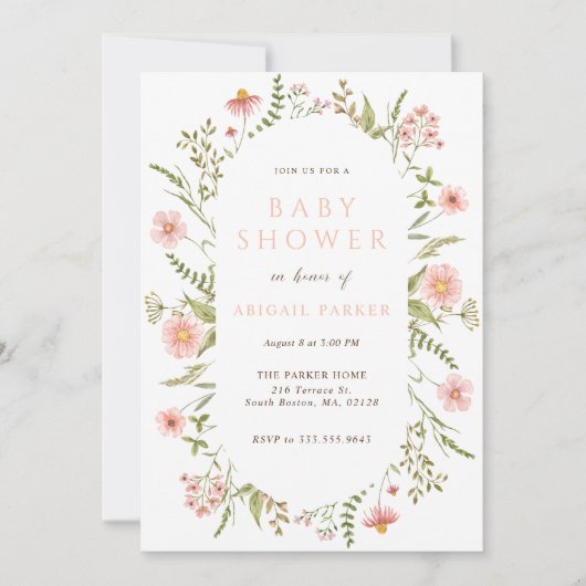 Boho Pink Wildflower Baby shower Invitation Kaart (Voorkant)