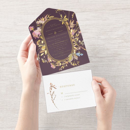 Boho Plum & Gold Wildflower Frame Wedding All In One Uitnodiging (Uittrekbaar)