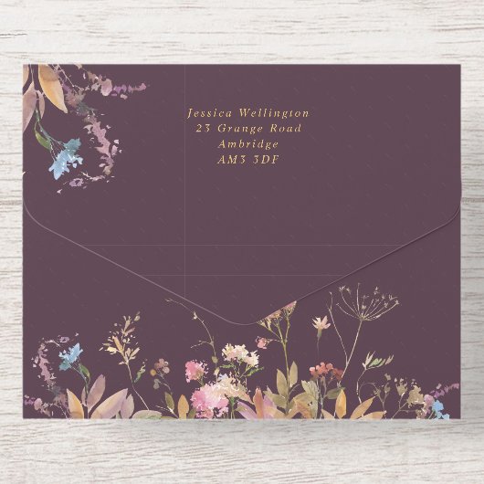 Boho Plum & Gold Wildflower Frame Wedding  All In One Uitnodiging (Achterzijde)