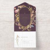 Boho Plum & Gold Wildflower Frame Wedding All In One Uitnodiging (Binnenkant)