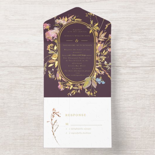 Boho Plum & Gold Wildflower Frame Wedding  All In One Uitnodiging (Binnenkant)
