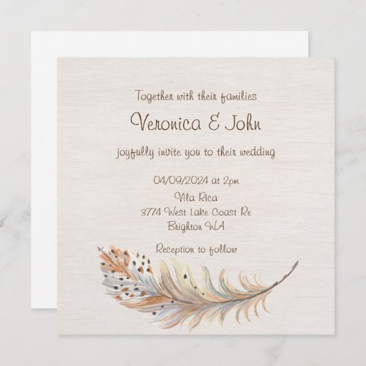 Boho plume faire-part de mariage rustique (Devant / Derrière)